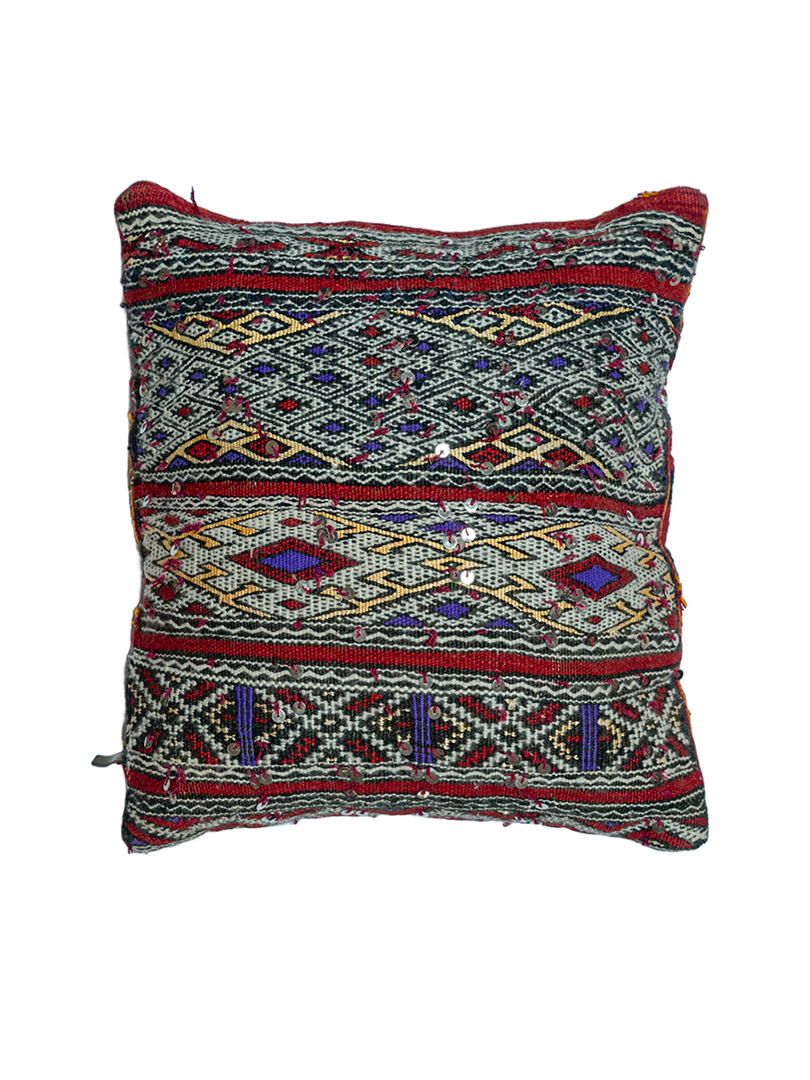 Ain Leuh Vintage Pillow - Deep Red and Indigo Handira