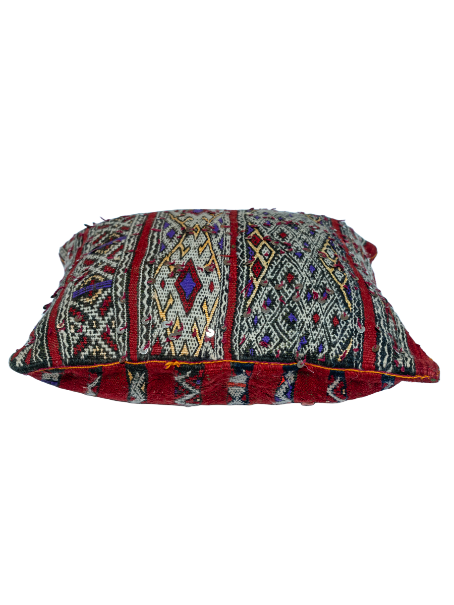 Ain Leuh Vintage Pillow - Deep Red and Indigo Handira
